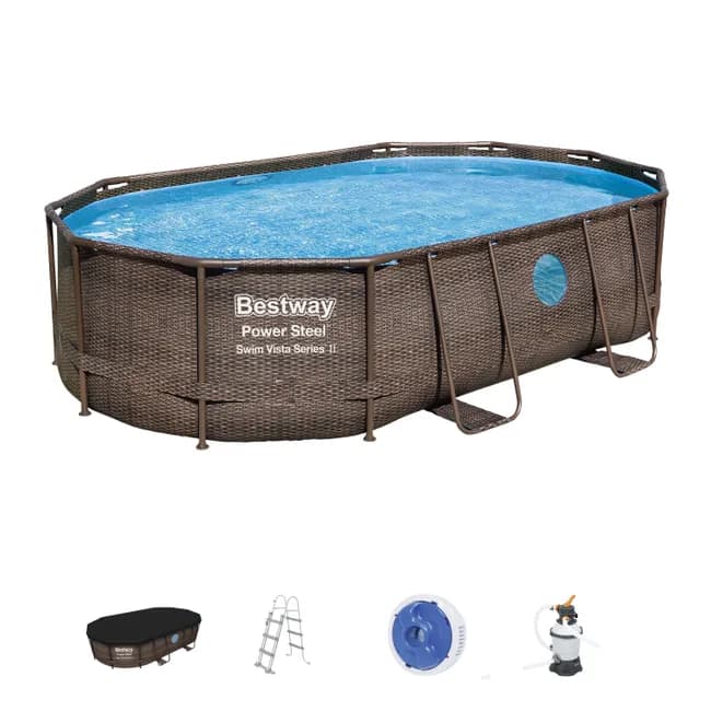 Piscine BESTWAY hors sol ovale Power Steel Swim Vista rotin 488 x 305 x 107cm - Image 1